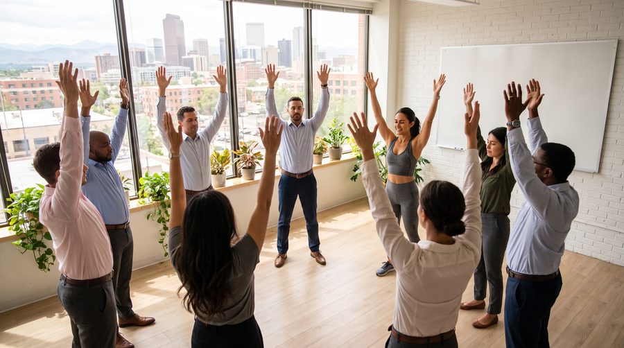 A workplace team taking part in a guided wellness session in a bright office