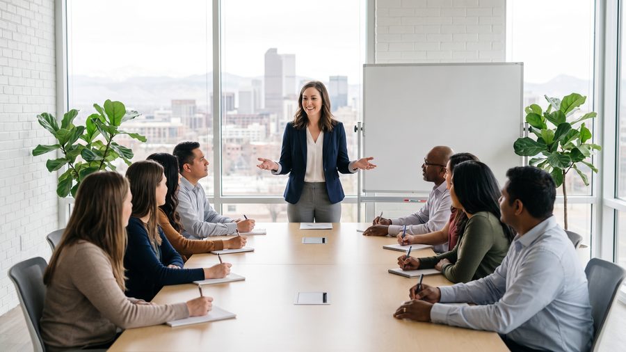 A wellness workshop with a presenter and a seated team in a bright meeting room